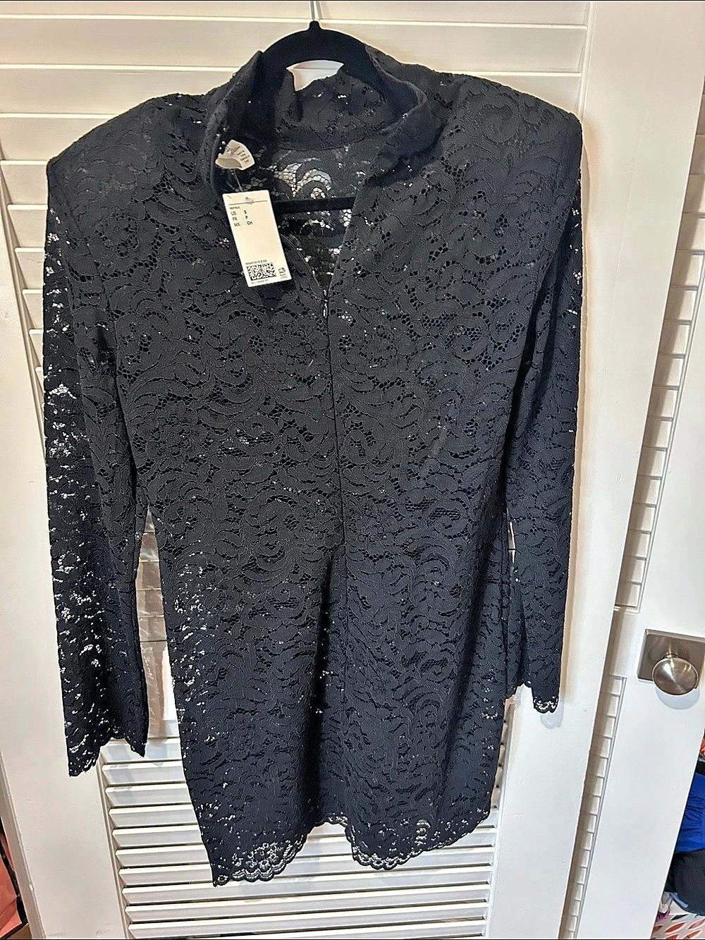 H&M Short Mock Turtleneck Lace Dress Black Lace Long Sleeve Blouse Size Small